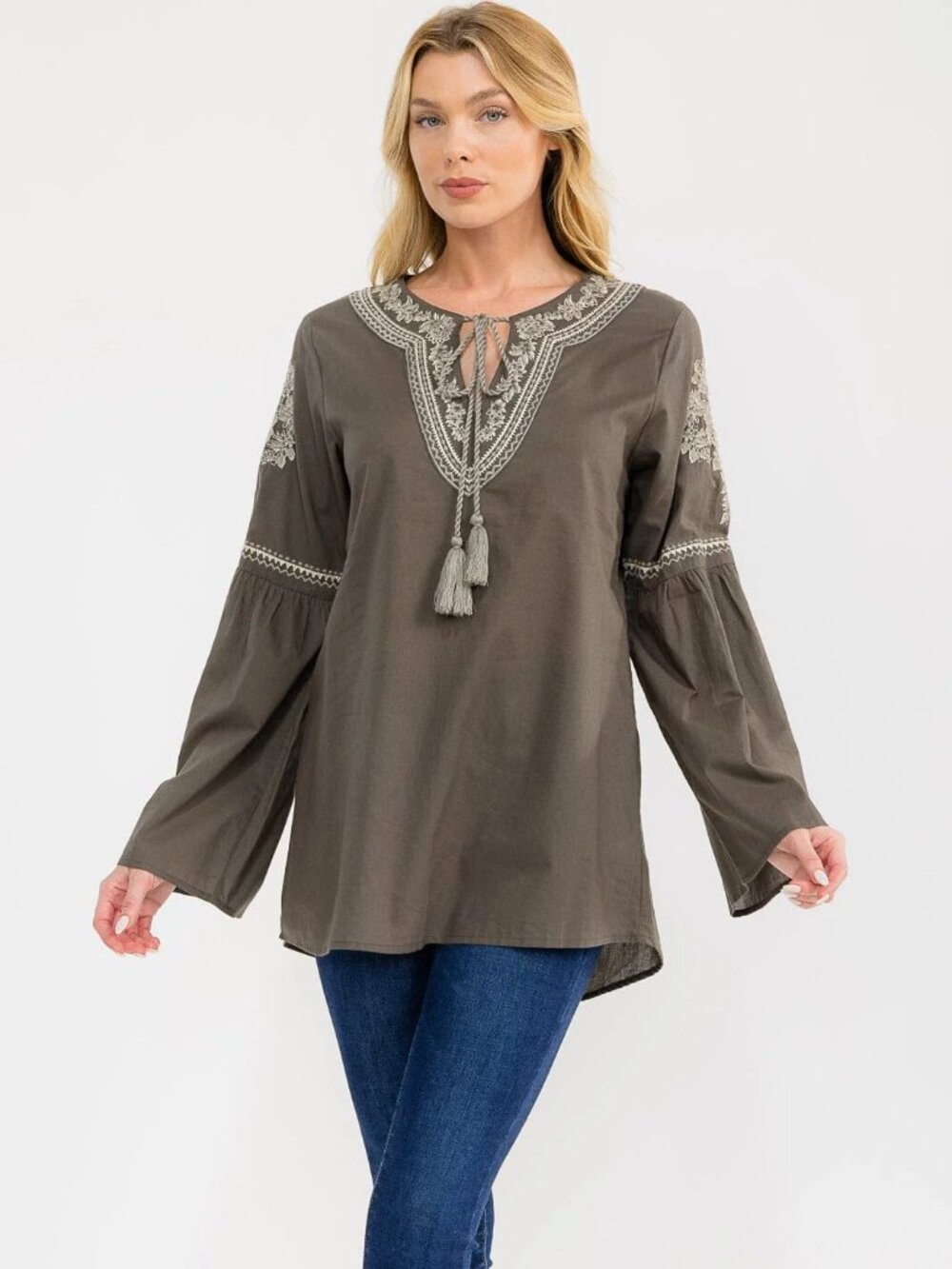 B40 BOHO LONG BELL SLEEVE V-NECK EMBROIDERY DETAILED TUNIC BLOUSE Grey NEW - Picture 2 of 4